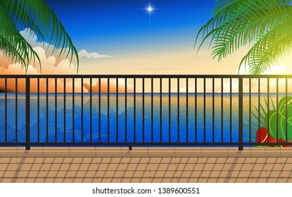 landscape of balcony at the beach in sunset
