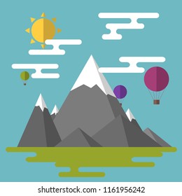 Landscape with balloons, mountains and clouds in a flat style