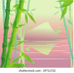 landscape with a bamboo garden and a mountain