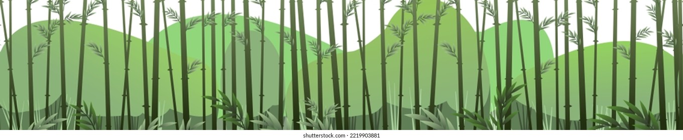 Landscape with bamboo. Tropical reed beds. Jungle and rainforest of southern latitudes. Seamless composition. Cartoon fun style. Flat design. Isolated on white background. Vector