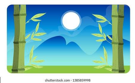 Landscape with with bamboos on a background of mountains. Vector banners set with landscape illustration.