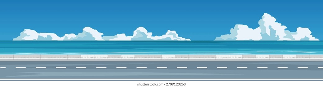 Fondo de Anuncio de paisaje de largo tramo de carretera de asfalto. Amplia carretera costera con malecones de hormigón. Vasto mar azul en verano. Bajo cielo azul y nubes blancas. Fondo de espacio limpio y vacío.