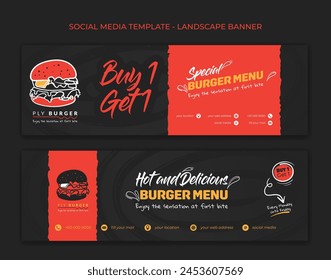 Landscape banner with burger design for street food advertisement template in red and black background