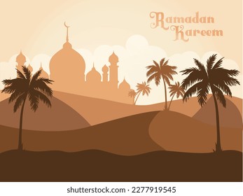 landscape banner with concept of mosque and sunset and coconut trees. Illustration of a beautiful and bright Ramadan landscape on a brown background.
