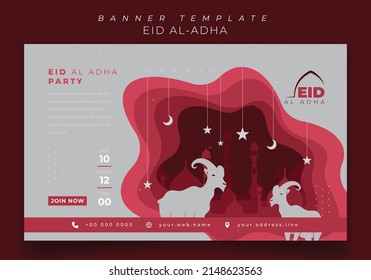 Landscape banner design for eid al adha islamic holiday with goat in paper cut design