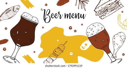 Landscape banner design template. Beer cups and food. Hand drawn colorful vector sketch illustration