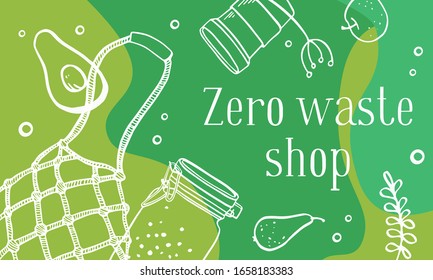 Landscape banner design template. Zero waste shop. Eco bag, jars and food. Outline hand drawn vector illustration