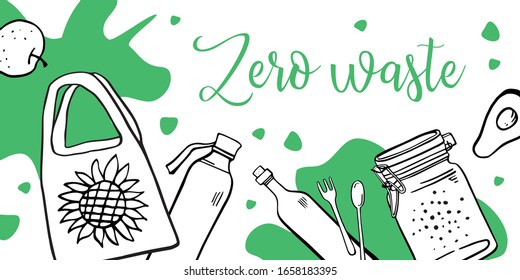 Landscape banner design template. Zero waste. Eco bag, jars, bottles and food. Outline hand drawn vector illustration