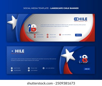 Diseño de Anuncio de paisaje con estrella blanca sobre fondo blanco rojo azul en diseño de estilo ondulado. Buena Plantilla para la campaña del Día de la Independencia de Chile