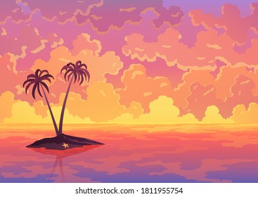Bannière Paysage. Vue du soir ou du matin, coucher de soleil ou lever de soleil dans l'océan. Des nuages roses volent dans le ciel jusqu'au soleil brillant au-dessus de la mer avec deux palmiers sur l'île qui s'accrochent à la surface de l'eau. Illustration de dessin animé