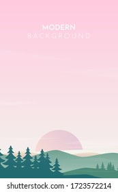 Landscape banner with forest and mountain, fog, trees.