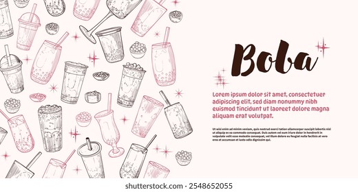 Landscape banner with hand drawn bubble teas. The illustration is outline only. Boba milk teas background with text on the side. Beverages with straws isolated. 