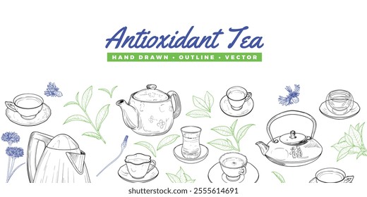 Landscape banner with hand drawn teapots, plants and cups. The illustration is outline only. Teas background with text on top. Beverages with plants isolated on white background. 