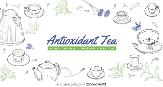 Landscape banner with hand drawn teapots, plants and cups. The illustration is outline only. Teas background with text centered. Beverages with plants isolated on white background. 