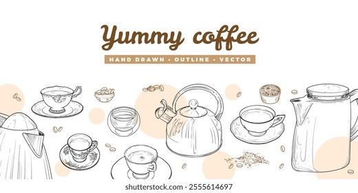 Landscape banner with hand drawn teapots, beans and cups. The illustration is outline only. Coffee background with text on top. Beverages with beans and bubbles isolated on white background.