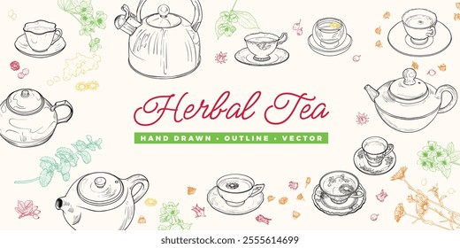 Landscape banner with hand drawn teapots, plants and cups. The illustration is outline only. Teas background with text centered. Beverages with plants isolated on white background. 