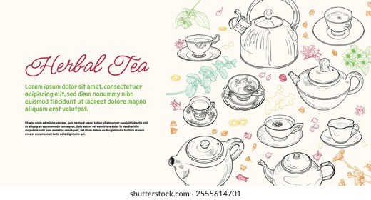 Landscape banner with hand drawn teapots, plants and cups. The illustration is outline only. Teas background with text on the side. Beverages with plants isolated on white background. 