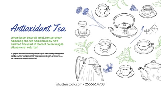 Landscape banner with hand drawn teapots, plants and cups. The illustration is outline only. Teas background with text on the side. Beverages with plants isolated on white background. 