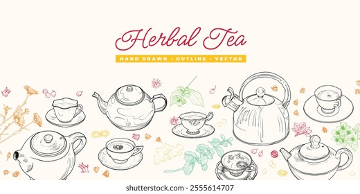 Landscape banner with hand drawn teapots, plants and cups. The illustration is outline only. Teas background with text centered. Beverages with plants isolated on white background. 