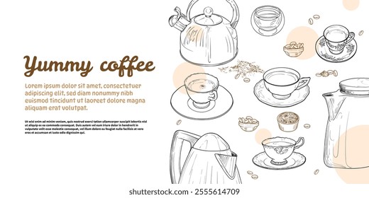 Landscape banner with hand drawn teapots, beans and cups. The illustration is outline only. Coffee background with text on the side. Beverages with beans and bubbles isolated on white background. 