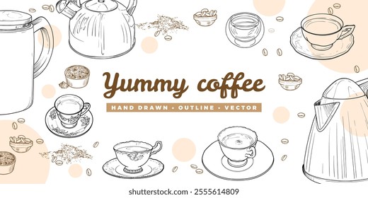 Landscape banner with hand drawn teapots, beans and cups. The illustration is outline only. Coffee background with text centered. Beverages with beans and bubbles isolated on white background. 