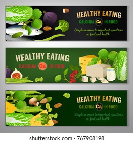 Landscape banner layouts. Source of Calcium - vegetables, salads, greens, fruits, dairy products on a wooden background. Medical, healthcare and dietary creative concept. Vector illustration.