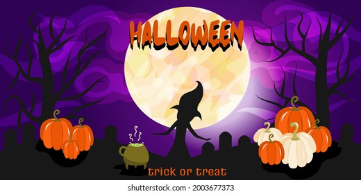 Landscape banner with moon, silhouette witch, inscription happy Halloween with pumpkins. Landscape poster. Vector illustration cartoon style, autumn Halloween holiday. Night moon, silhouettes trees.