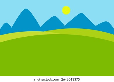 Landscape banner with mountains, green grass field, sun, blue sky for text. Hand drawn vector summer abstract background horizontal illustration. Card border sunny weather, summertime, idyllic nature