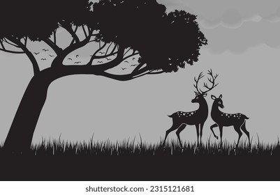 Landscape banner. Silhouette of deer, doe standing under a tree in forrest. Silhouette of animal, trees, grass. Magical misty landscape, bird and cloud. Blue and gray illustration