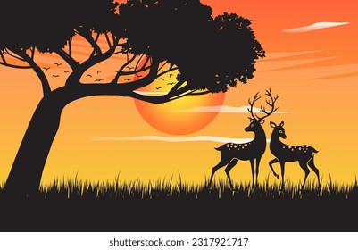Landscape banner. Silhouette of deer, doe standing under a tree in forrest. Silhouette of animal, trees, grass. Magical misty landscape, bird and Sun. Orange and yellow illustration.