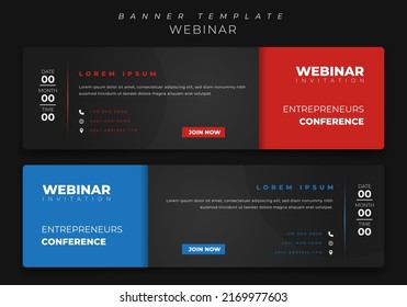 Landscape banner template in black background with orange and blue design for online advertising