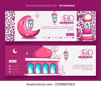 Landscape banner template with crescent moon, lantern and mosque design for eid mubarak in cerise pink design. arabic text mean is eid mubarak. islamic banner design