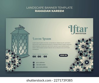Landscape banner template with hand drawn lantern and ornamental background for ramadan kareem