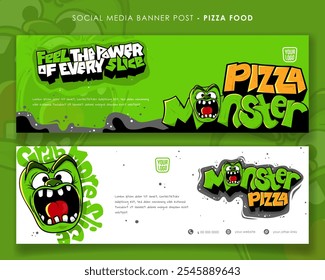 Landscape banner template with monster mascot and typography design in green and white background. Pizza street food advertisement design