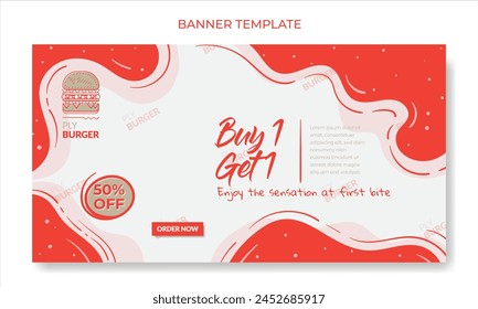 Landscape banner template with red and white waving background design for fast food advertising