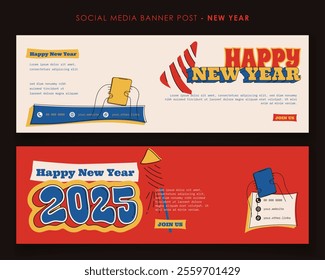 Landscape banner template with retro concept design with typography of happy new year. new year campaign template design
