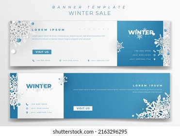 Landscape banner template with snowflakes in blue and white background design