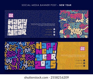 Landscape banner template with typography design and line art background. new year banner template design