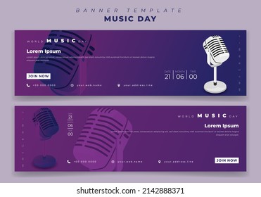 Landscape banner template for world music day in purple background with microphone design