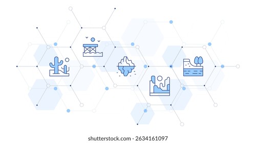 Ilustración vectorial de Anuncio de paisaje con estilo de icono en el medio. Icono de línea Duotone. Contiene. desierto, muelle, iceberg, cañón, geológico.