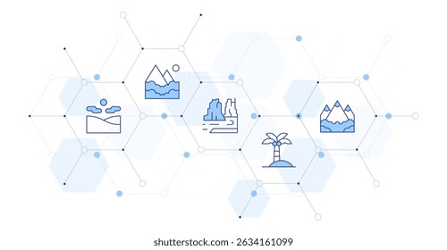Landscape Banner Vector Illustration with Icon Style in Between. Line Duotone icon. Containing. desert, mountain, colorado, palm tree.