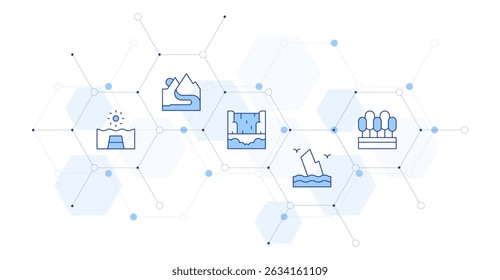 Landscape Banner Vector Illustration with Icon Style in Between. Line Duotone icon. Containing. contemplation, river, waterfall, mountain, forest.