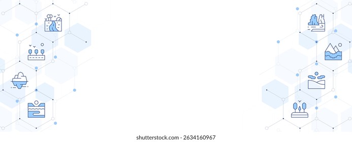 Landscape Banner Vector Illustration with Two-sided Icon Style. Line Duotone icon. Containing. river, road, iceberg, coastline, forest, desert, mountain, colorado.