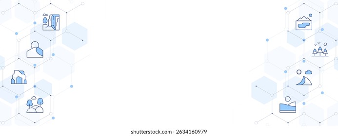 Ilustração de vetor de banner de paisagem com estilo de ícone de dois lados. ícone Duotônico de Linha. Contendo. cachoeira, duna, caverna, paisagem, vale, floresta, lago.