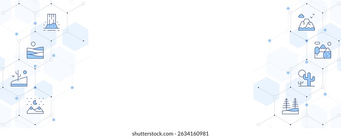 Landscape Banner Vector Illustration with Two-sided Icon Style. Line Duotone icon. Containing. waterfall, terraces, desert, landscape, nature, mountain.