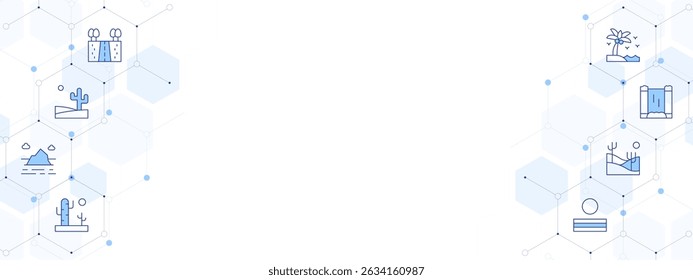 Landscape Banner Vector Illustration with Two-sided Icon Style. Line Duotone icon. Containing. landscape, desert, iceberg, agriculture, waterfall, island.