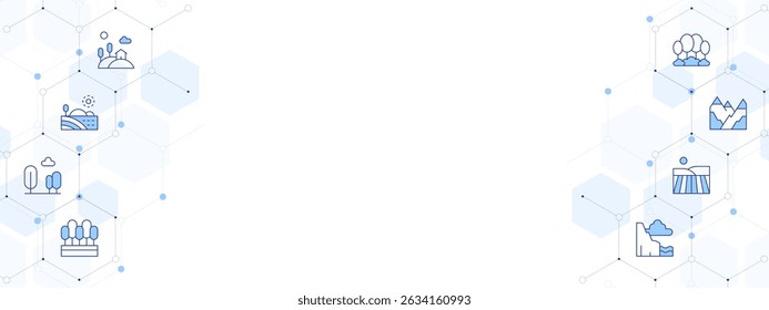 Landscape Banner Vector Illustration with Two-sided Icon Style. Line Duotone icon. Containing. hill, field, forest, cliff, mountain.