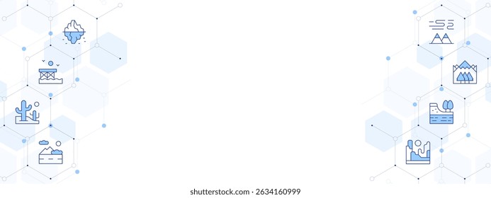Ilustração de vetor de banner de paisagem com estilo de ícone de dois lados. ícone Duotônico de Linha. Contendo. iceberg, píer, deserto, estrada, cânion, geológico, montanhas, polo norte.