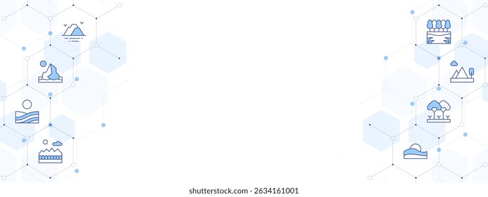 Ilustração de vetor de banner de paisagem com estilo de ícone de dois lados. ícone Duotônico de Linha. Contendo. ilha, geleira, primavera, montanha, deserto, árvore, montanhas, rio.