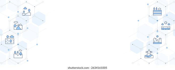 Landscape Banner Vector Illustration with Two-sided Icon Style. Line Duotone icon. Containing. hills, river, prairie, valley, island, cafayate, meadow, field.